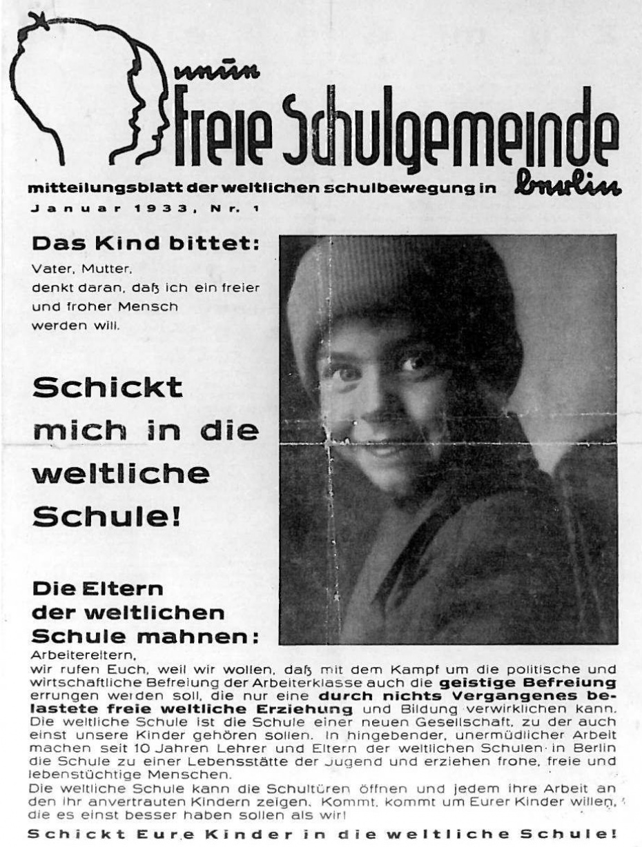 Werbung war schon immer wichtig. Hier wird der Mehrwert des Besuches einer Weltlichen Schule angepriesen.